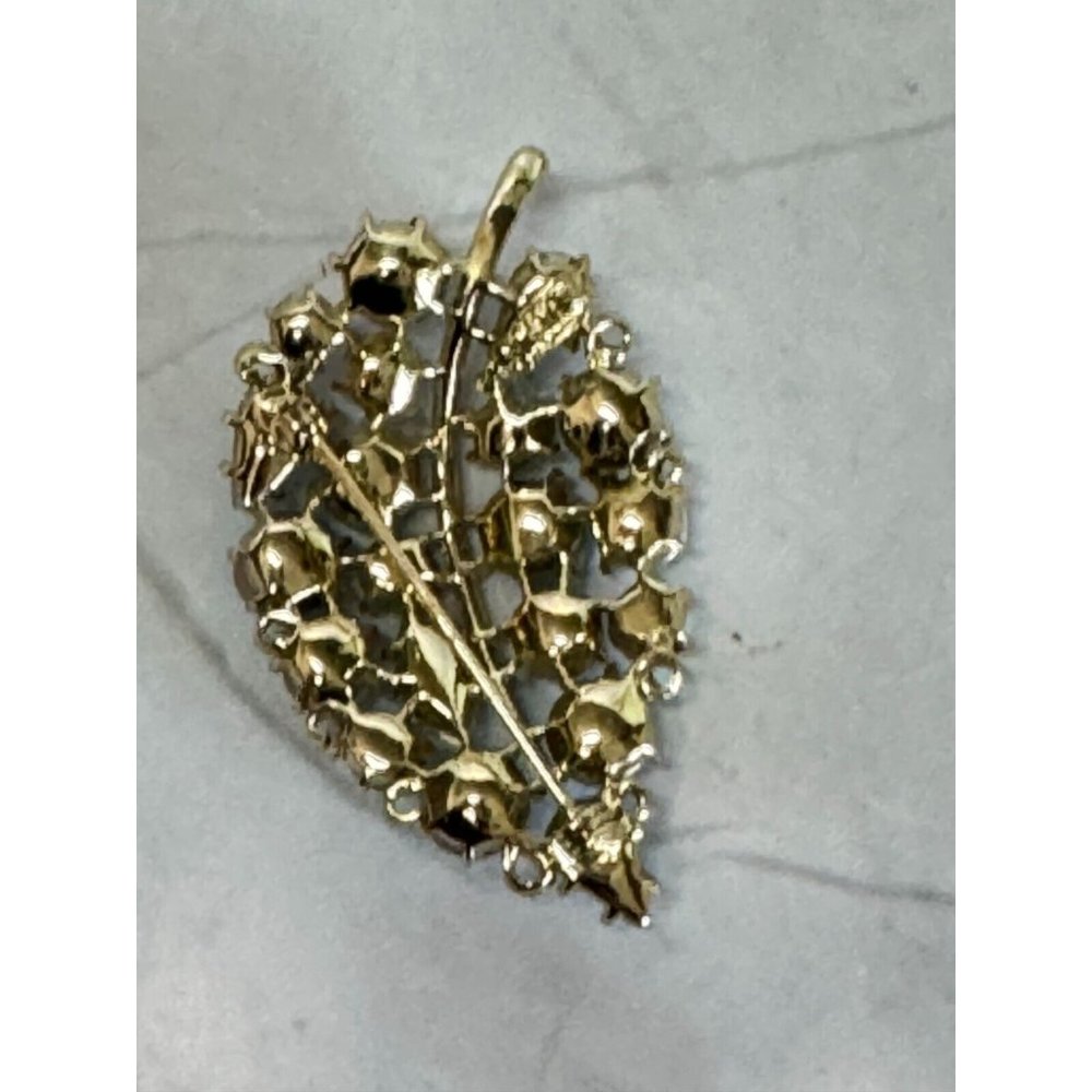 Vintage Lisnore Blue AB Iridescent Leaf Brooch Gold Rhodium Signed - Picture 8 of 8